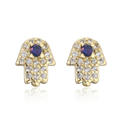 China Wholesale FASHIONABLE Diamond Palm Blue Eye High Quality Simple Zircon Hamsa Hand Stud Earrings Minimalist Stylish Earrings For Women Girl for sale