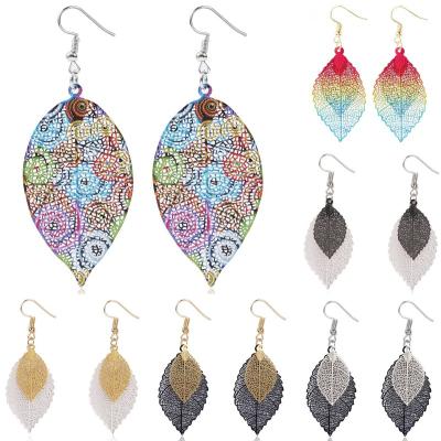 China Wholesale Fashion TRENDY Leaf Earring Gold Copper Laser Cut Beautiful Vintage Two Tone Brass Leaf Drop Earrings For Women for sale