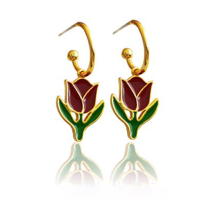 China 2022 Trendy Women's Fashion Jewelry Ladies CC Circle Earring Enamel Tulip Earrings Waterproof Vintage Flower Dangle for sale