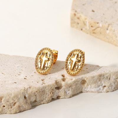 China Stainless Steel Trendy Luxury Minimalist Oval Cross Jewelry 18k Gold Stud Earrings Religious Stud Earrings for sale