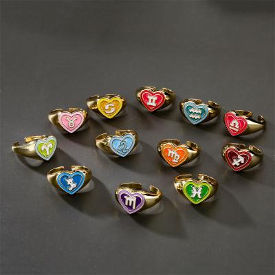 China FASHIONABLE Horoscope Ring Wholesale Zodiac Sign Finger Ring 12 Colors Enamel Copper Colorful Cute Heart Shaped Ring Designs For Girls for sale