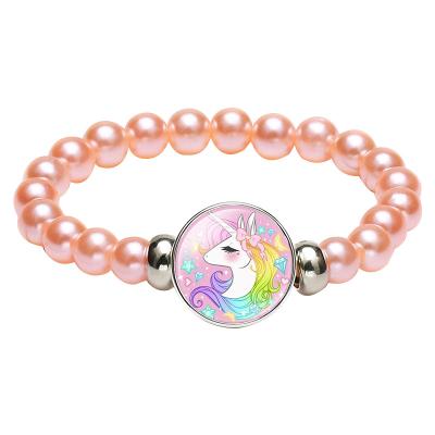 China Cute Unicorn Bracelet Wholesale Girls Snap Button Beaded Bracelet 18mm Glasses Charm DIY Unicorn Bracelet Kids For Birthday Gift for sale