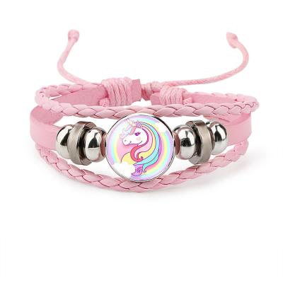 China CLASSIC Kids Bracelets Fashion Girls Jewelry Bracelet Glasses Charm DIY Unicorn Snap Adjustable Leather Rope Bracelets Girls For Gift for sale