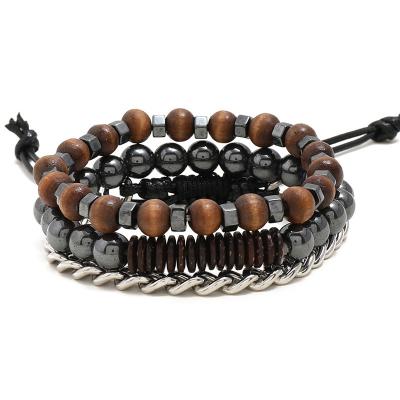 China Wholesale FASHIONABLE Luxury Black Hematite Set Designer Wooden Bead Bracelet Adjustable Cuban Chain Stackable Men Beaded Bracelets for sale