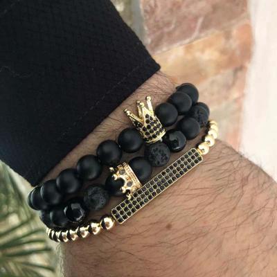 China FASHION Trendy Bracelet Set 3 Pcs/Set Beaded Bracelets Men Lava Stone Black Hematite Beads Chain Zirconia Brass Mens Crown Bracelet for sale