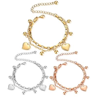 China FASHIONABLE wholesale high quality charm heart bracelet stainless steel double layer double layer heart adjustable anklet for ladies for sale