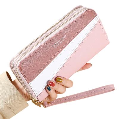 China New Waterproof Double Zipper Holding Women's Color Contrast Large Capacity Double-Layer Long Wallet for sale