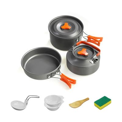 China TOPWIND Outdoor High Temperature Resistance and Friction Resistance Picnic Rise Camping Pot Sets Aluminum Camping Picnic Cooking Pot Cookware Set Utensils with Kettle for sale