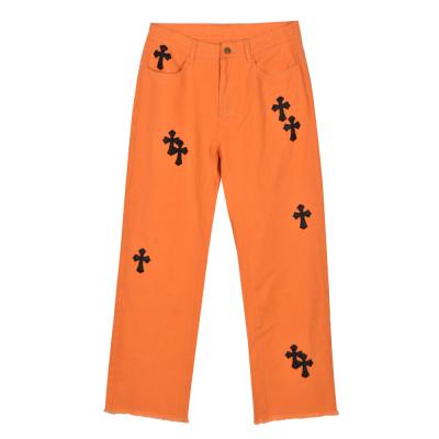 China New Antistatic Antistatic Cross Embroidered Silver Button Orange Jeans Flare Pants for sale