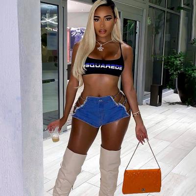 China High Waist Anti Wrinkle Women Diamond Chain Shorts Jeans Ribbon Casual Distressed Denim 2022 Summer Speed ​​High Street Workout Hot Pants for sale