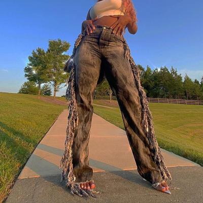 China 2022 New Fashion Autumn Tie Dye Tassel Straight Jean Femme Anti-Static Pants Women High Waist Streetwear Anti-Static Pants Women Denim for sale