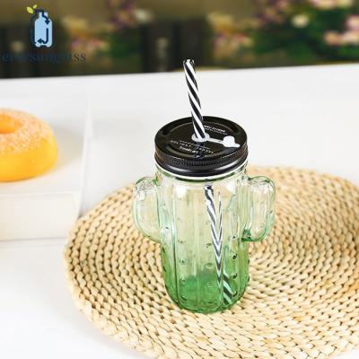 China Eco-friendly 420ml 14oz Cactus Shaped Mason Jar Drinking Bottle Glass for sale