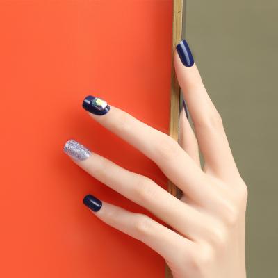 China Insane easy to apply& remove january newcomer coffin press on nails deep blue with faux stone wholesale price nails for sale