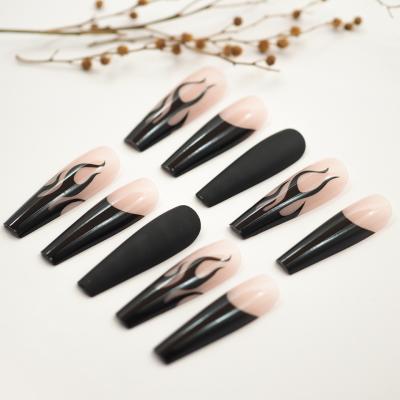 China Salon Effect High Quality Long Ballerina Fake Nails Coffin Shape Press On Fake Nail Black Flame Nails for sale