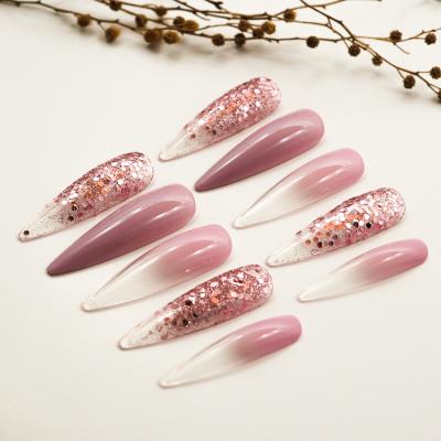 China Beautiful design comfortable wearing long stylus press on sharp nails style with glitter for sale