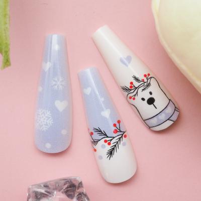 China Perfect Size Fitting& Comfortable To Wear Ballerina Style Artificial Fake Nails Long Coffin Christmas Snowman Design Nails 2021 Snowflake Stick On Nails for sale