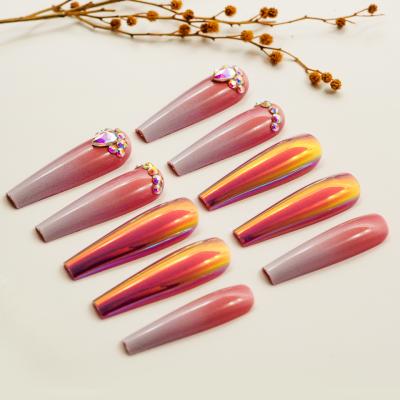 China Durable And Perfect Size Fitting Beautiful Shade Press On Nails Coffin Shape Long Fake Stone Ballerina Nails for sale