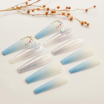 China Insane easy to apply& remove light blue press on long coffin ombre fake nail high quality for sale