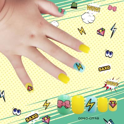 China Chip Proof And Natural Feeling Full Coverage Press On Nails Kit Yellow Color Short False Nails For Kids With Adhesive Nail Tags for sale