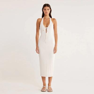 China Anti-wrinkle Brand Clothing Manufacturer Custom Summer New Sleeveless Ribbed knitted Midi Dress Halter Cut Out Bodycon Women's Casual Dresses for sale