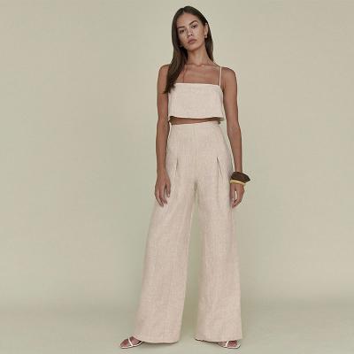 China QUICK DRY Manufacturer custom clothing summer casual linen sets crop tank top linen long pants lounge wear two piece pants set for sale