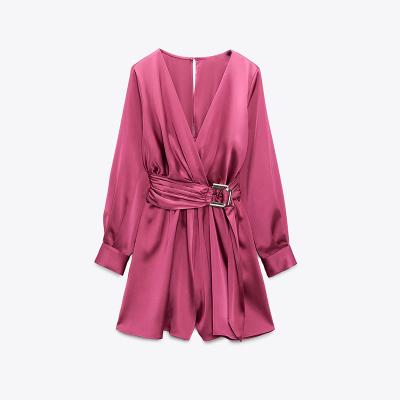 China QUICK DRY Custom zaras clothing manufacturer bodysuits for women long puff sleeve V neck pleated shiny satin one piece jumpsuit playsuits for sale