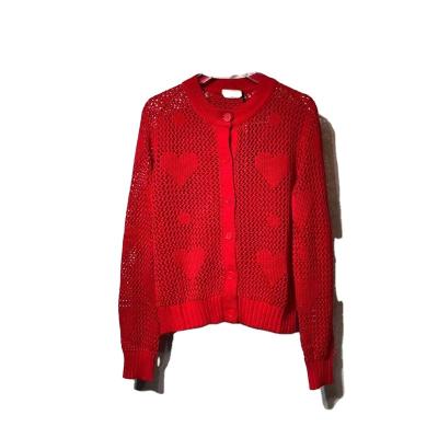 China Anti-pilling women fashion Autumn Luxury Brand Hollow Out 2021 knitted cardigan sweaters O-neck sleeve long love pattern red soft clothing for sale