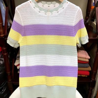 China Breathable Macaron Striped Micro Hollow Out Sugar Color Design Fresh O-neck Shortsleeve Sweater Rainbow Loose Stylish High Street for sale