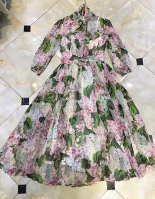 China Summer Fashion Runway Breathable Chiffon Long Dresses Women's Elegant Long Sleeve Floral Print Party Holiday Dress for sale