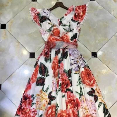 China Fasnion Designer Female Dress Summer Women's Breathable V-Neckline Ruffles Camellia Floral-Print Vacation Dresses Beaded Ruched for sale