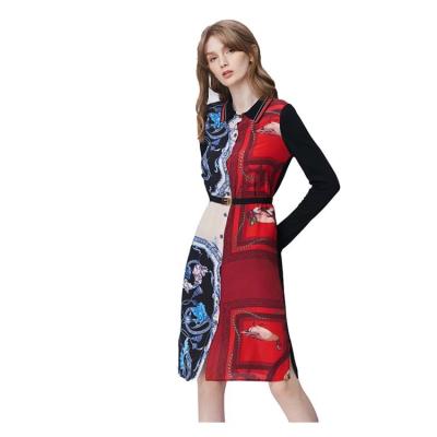 China 2020 spring retro high-end breathable temperament women's red and blue black long-sleeved V-neck printed slim dress PK for sale