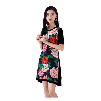 China 2020 Breathable Ladies Dress Latest Elegant Dress Design Black Camellia Floral Dress for sale