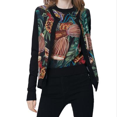 China Breathable Musical Instrument Autumn Fashion Long Sleeve Single Button Tribal Black Knitting Tops Women's Stylish 100% Silk Print Coats for sale