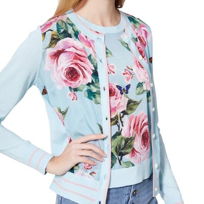 China 2020 New Breathable Autumn Season Single Button Crew Neck Printed Elegant 100% Silk Rose Floral Long Sleeve Coats For Women for sale