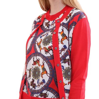 China 2020 winter fashion 100% fashion 100% red silk knitting long sleeve animals single button breathable tops women's elegant print casual coat for sale