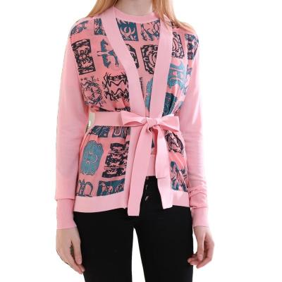 China Spring 2020 Fashion 100% Breathable Silk Knitting Pink Print Lace Up Cardigans& Casual Constellation Long Sleeve Tops Women's Elegant Coat for sale