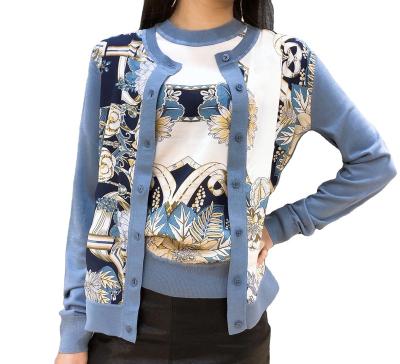 China 2020 New Autumn Fashion Knitting Tops Long Sleeve Sky Blue Floral Crew Neck Women Breathable Elegant Silk Coats 100% Printing for sale