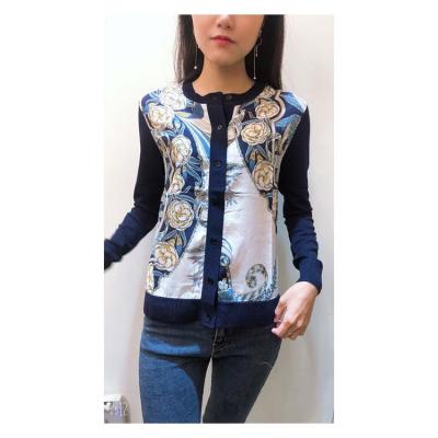 China Breathable Customized Ladies Sleeve Long Top Buttoned Dark Blue Floral Design Long Sleeve for sale