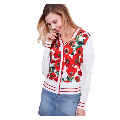 China 2020 spring and autumn breathable women round fashion red v-neck floral print long-sleeved straight stitching woolen sweater for sale