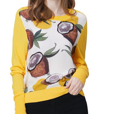 China 2020 Autumn Fashion Breathable Yellow Long Sleeve Coconut Flowers Knitwear Tops Elegant Women's 100% Silk Printing Pullovers for sale