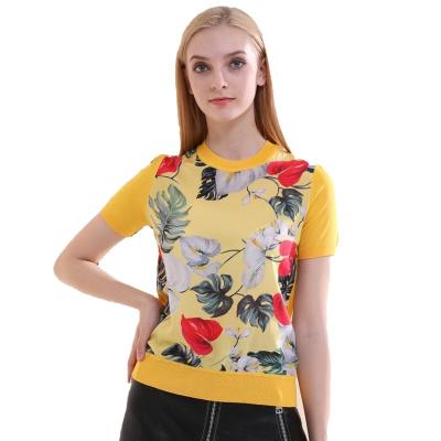 China Italian yellow and white floral print casual t-shirts in breathable fashion silk and polyester for sale