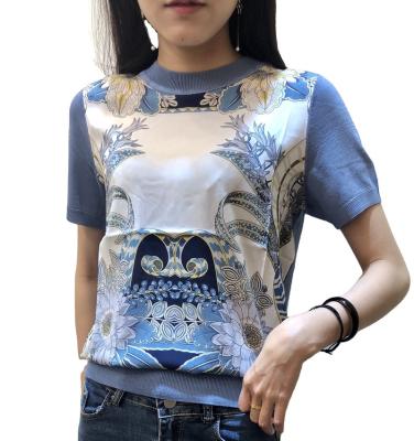 China Floral Breathable Blue Double In European Design Printed Silk And Polyester T Shirts For Young Ladies In Casual Style for sale