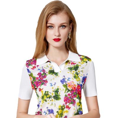 China 2020 Fashion Breathable Printed Floral Polo-neck Design Wholesale 100 Italian Polyester And Silk For Women Casual T-shirts for sale