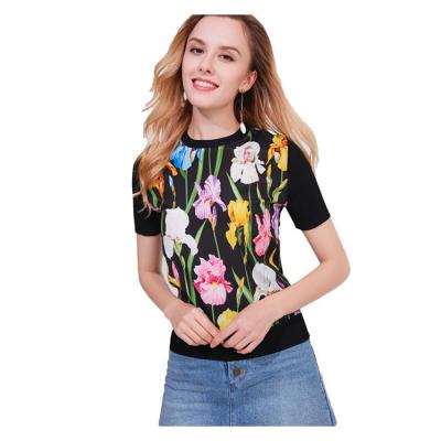 China 2020 new women's summer breathable short-sleeved floral black round neck belly-tarpaulin loose tops are thin and western T-shirt for sale