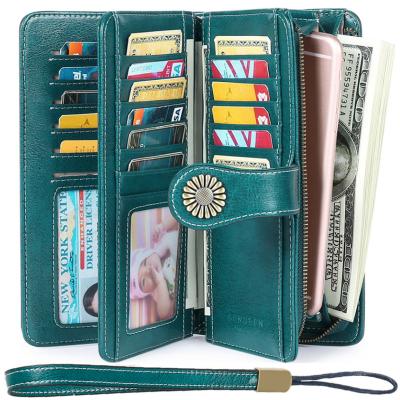 China Women's Motion Detection RFID Blocking Luxury Waxed Genuine Leather Multi Purse Large Capacity Clutch Wallet Card Case With Zipper Pocket for sale