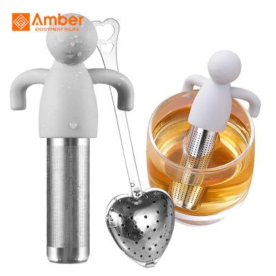 China Viable Hot Sale 304 Stainless Steel Loose Leaf Tea Filter Strainer Humanoid Silicone Tea Infuser for sale