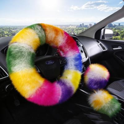 China Universal Car Eco-friendly Sheepskin Fur 3Pcs Fuzzy Steering Wheel Cover Set Fluffy Red-pink Warm Furry For Women Girl for sale