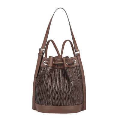 China Classic Brown Fashion All-match Backpack Portable Shoulder Bag Braided Drawstring Bucket Bag for sale