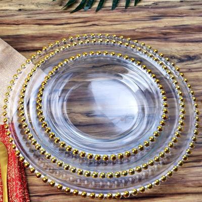 China Stocked 13 Inch Wedding Wholesale Charger Plates Dinnerware Glass Dish Gold or Silver Edged Charger Dish Glass Dinner Plate for sale