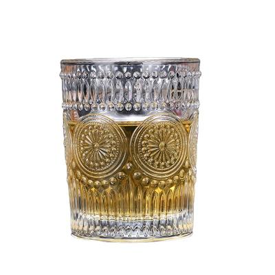 China High Quality Promotional Glass Sunflower Embossed Coffee Juice Whiskey Glass for sale